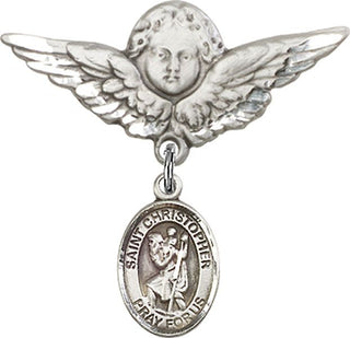 Sterling Silver Large Angel w/Wings St. Christopher Baby Badge - Engravable
