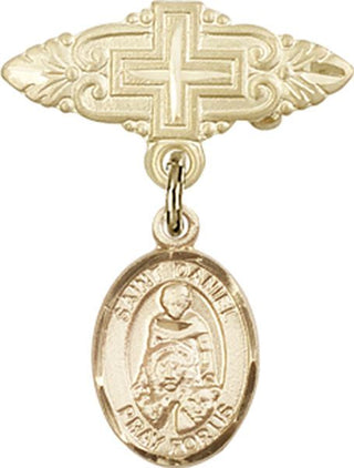 14kt Gold Badge Pin With Cross St. Daniel Baby Badge - Engravable