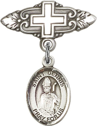 Sterling Silver Badge Pin With Cross St. Dennis Baby Badge - Engravable
