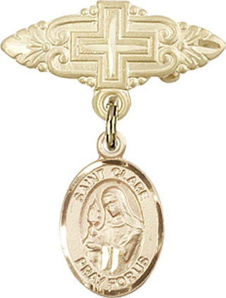 14kt Gold Badge Pin With Cross St. Clare of Assisi Baby Badge - Engravable