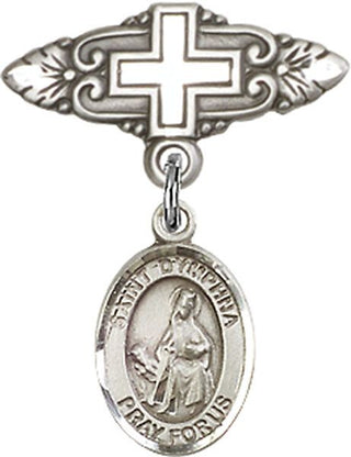 Sterling Silver Badge Pin With Cross St. Dymphna Baby Badge - Engravable