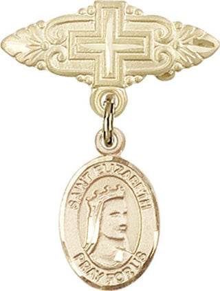 14kt Gold Badge Pin With Cross St. Elizabeth of Hungary Baby Badge - Engravable