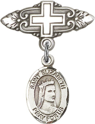 Sterling Silver Badge Pin With Cross St. Elizabeth of Hungary Baby Badge - Engravable