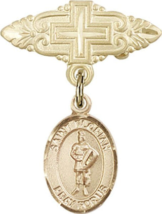 14kt Gold Badge Pin With Cross St. Florian Baby Badge - Engravable