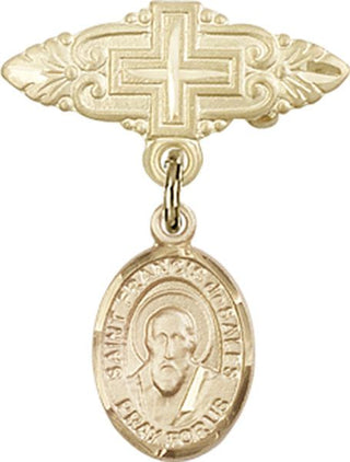 14kt Gold Badge Pin With Cross St. Francis de Sales Baby Badge - Engravable