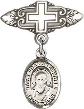 Sterling Silver Badge Pin With Cross St. Francis de Sales Baby Badge - Engravable