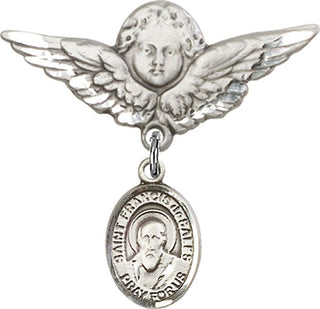 Sterling Silver Large Angel w/Wings St. Francis de Sales Baby Badge - Engravable