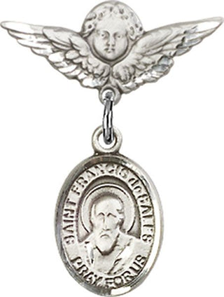 Sterling Silver Small Angel w/Wings St. Francis de Sales Baby Badge - Engravable
