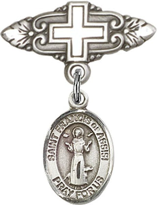 Sterling Silver Badge Pin With Cross St. Francis of Assisi Baby Badge - Engravable