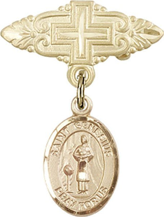 14kt Gold Filled Badge Pin With Cross St. Genesius of Rome Baby Badge - Engravable