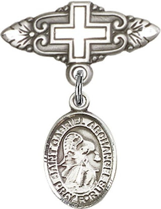 Sterling Silver Badge Pin With Cross St. Gabriel the Archangel Baby Badge - Engravable