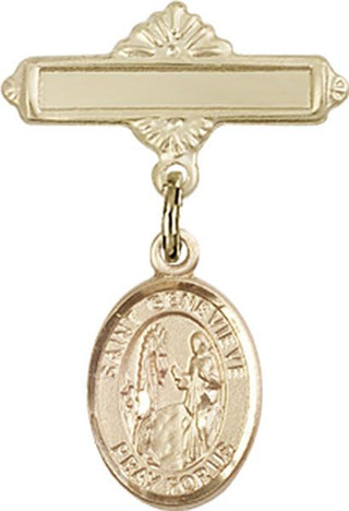 14kt Gold Polished Badge Pin St. Genevieve Baby Badge - Engravable