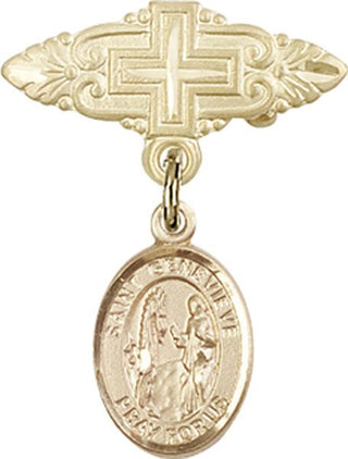 14kt Gold Badge Pin With Cross St. Genevieve Baby Badge - Engravable