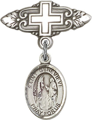 Sterling Silver Badge Pin With Cross St. Genevieve Baby Badge - Engravable