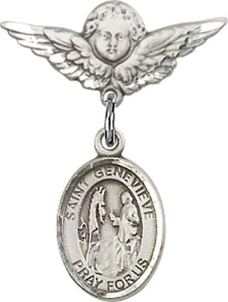 Sterling Silver Small Angel w/Wings St. Genevieve Baby Badge - Engravable