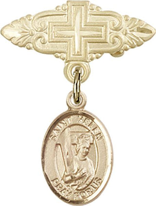 14kt Gold Badge Pin With Cross St. Helen Baby Badge - Engravable