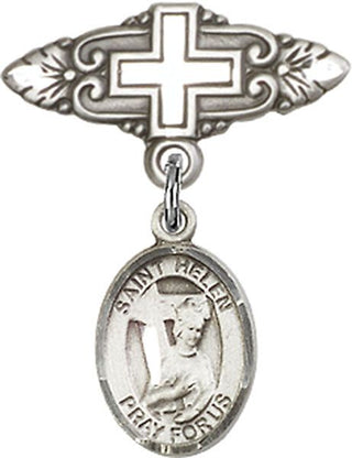 Sterling Silver Badge Pin With Cross St. Helen Baby Badge - Engravable