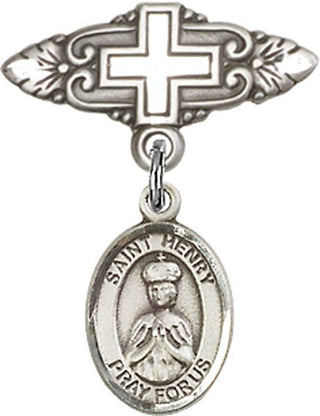 Sterling Silver Badge Pin With Cross St. Henry II Baby Badge - Engravable