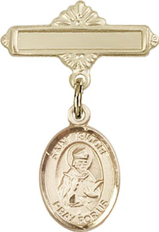 14kt Gold Polished Badge Pin St. Isidore of Seville Baby Badge - Engravable