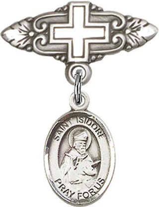 Sterling Silver Badge Pin With Cross St. Isidore of Seville Baby Badge - Engravable
