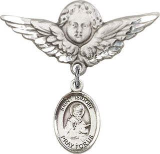 Sterling Silver Large Angel w/Wings St. Isidore of Seville Baby Badge - Engravable