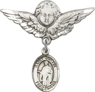 Sterling Silver Large Angel w/Wings St. Justin Baby Badge - Engravable