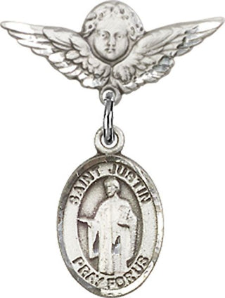 Sterling Silver Small Angel w/Wings St. Justin Baby Badge - Engravable
