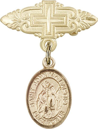 14kt Gold Badge Pin With Cross St. John the Baptist Baby Badge - Engravable