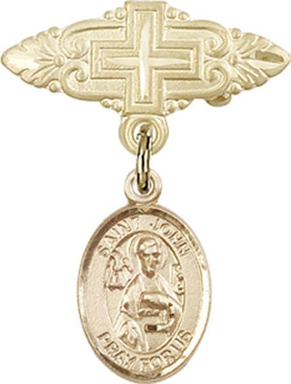 14kt Gold Badge Pin With Cross St. John the Apostle Baby Badge - Engravable