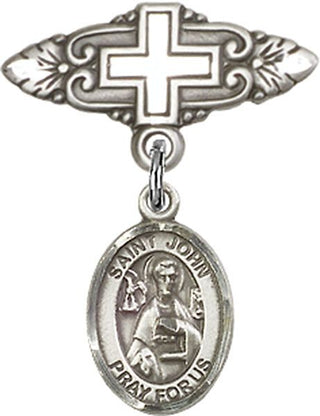 Sterling Silver Badge Pin With Cross St. John the Apostle Baby Badge - Engravable