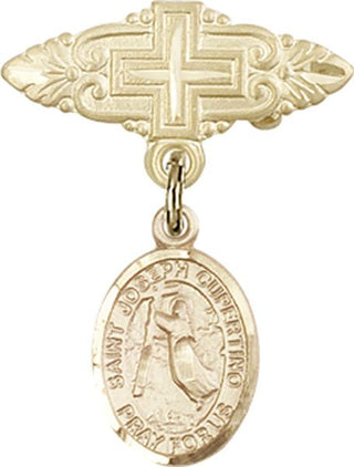 14kt Gold Badge Pin With Cross St. Joseph of Cupertino Baby Badge - Engravable