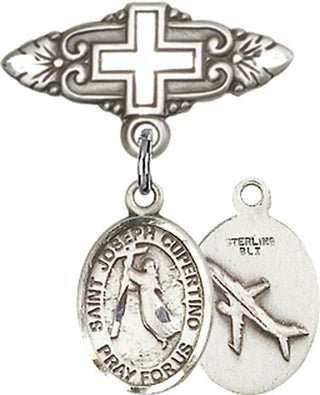 Sterling Silver Badge Pin With Cross St. Joseph of Cupertino Baby Badge - Engravable