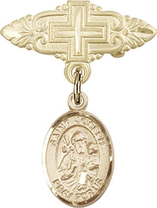 14kt Gold Badge Pin With Cross St. Joseph Baby Badge - Engravable
