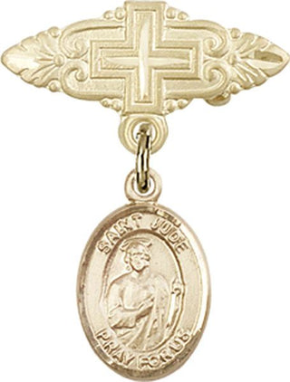 14kt Gold Badge Pin With Cross St. Jude Thaddeus Baby Badge - Engravable