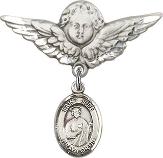 Sterling Silver Large Angel w/Wings St. Jude Thaddeus Baby Badge - Engravable