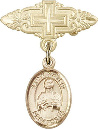 14kt Gold Badge Pin With Cross St. Kateri Tekakwitha Baby Badge - Engravable