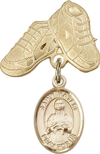 14kt Gold Baby Boots St. Kateri Tekakwitha Baby Badge - Engravable