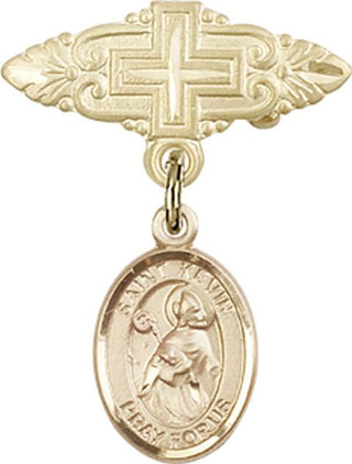 14kt Gold Badge Pin With Cross St. Kevin Baby Badge - Engravable