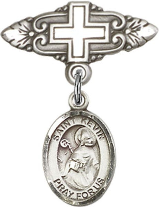Sterling Silver Badge Pin With Cross St. Kevin Baby Badge - Engravable