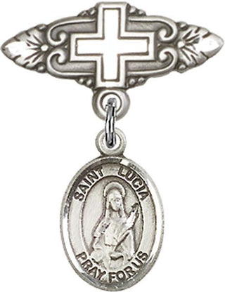Sterling Silver Badge Pin With Cross St. Lucia of Syracuse Baby Badge - Engravable