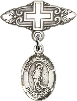 Sterling Silver Badge Pin With Cross St. Lazarus Baby Badge - Engravable