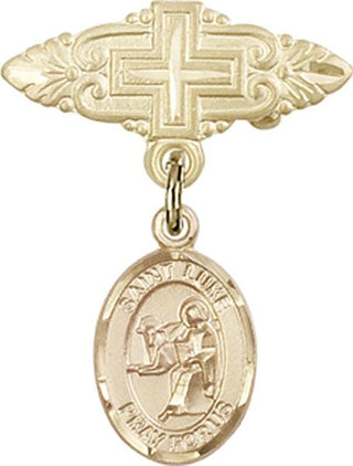 14kt Gold Badge Pin With Cross St. Luke the Apostle Baby Badge - Engravable