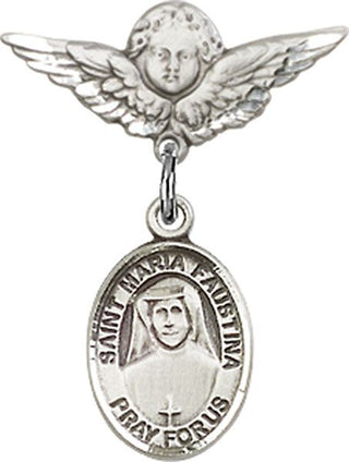 Sterling Silver Small Angel w/Wings St. Maria Faustina Baby Badge - Engravable