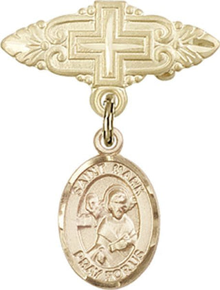 14kt Gold Badge Pin With Cross St. Mark the Evangelist Baby Badge - Engravable