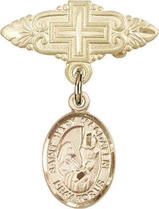 14kt Gold Badge Pin With Cross St. Mary Magdalene Baby Badge - Engravable