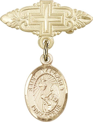 14kt Gold Badge Pin With Cross St. Margaret Mary Alacoque Baby Badge - Engravable