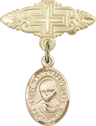 14kt Gold Filled Badge Pin With Cross St. Maximilian Kolbe Baby Badge - Engravable