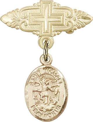 14kt Gold Filled Badge Pin With Cross St. Michael the Archangel Baby Badge - Engravable