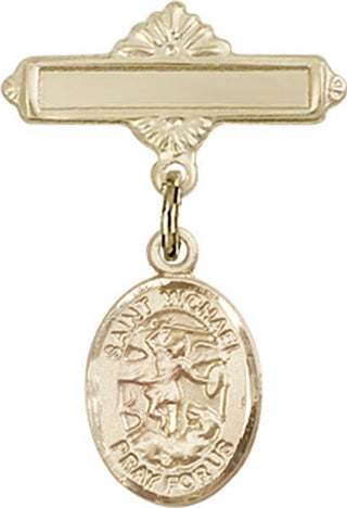 14kt Gold Polished Badge Pin St. Michael the Archangel Baby Badge - Engravable