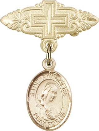 14kt Gold Badge Pin With Cross St. Philomena Baby Badge - Engravable